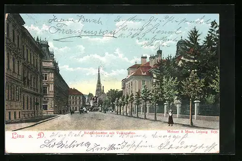 AK Linz a. D., Bahnhofstrasse mit Volksgarten