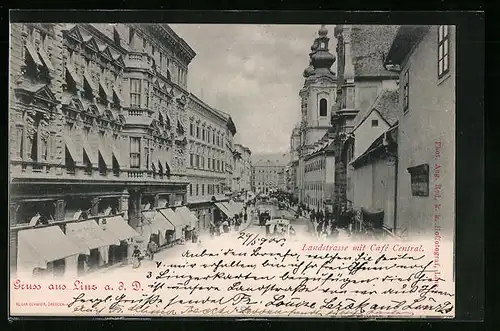 AK Linz a. d. D., Landstrasse mit Café Central