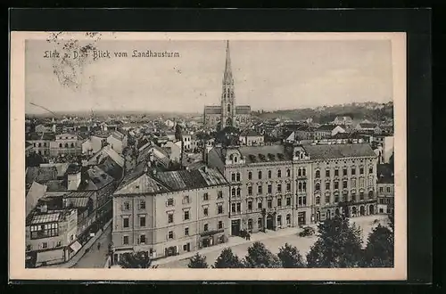 AK Linz a. D., Blick vom Landhausturm mit Kirche