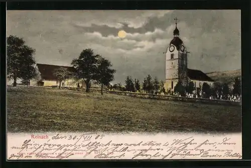 AK Reinach, Ortspartie mit Kirche bei Mondschein