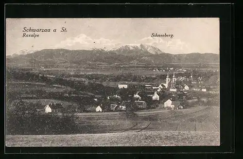 AK Schwarzau a. St., Teilansicht mit Schneeberg und Raxalpe