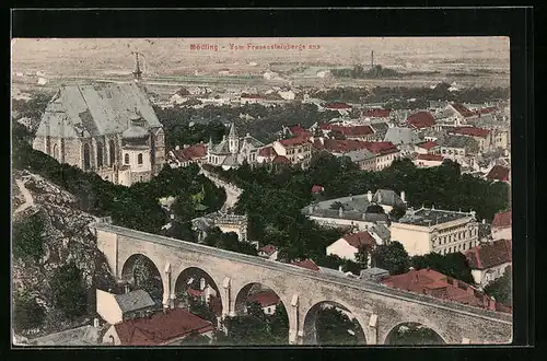 AK Mödling, Teilansicht mit Aquädukt und Kirche vom Frauensteinberge aus