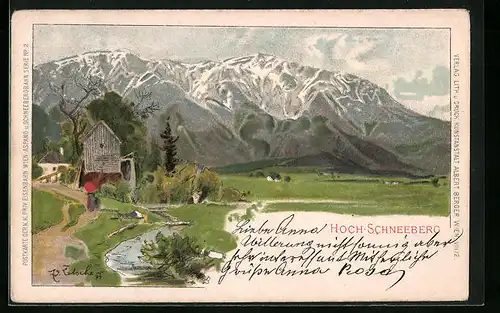 Künstler-AK Hoch-Schneeberg, Teilansicht mit Bach