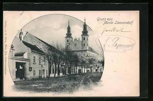 AK Maria Lanzendorf, Strassenpartie mit Kirche