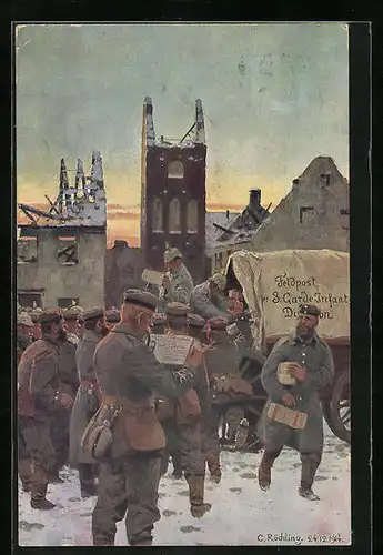 Künstler-AK sign C. Röchling: Soldaten bei der Feldpostausgabeim Winter