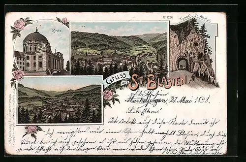Lithographie St. Blasien, Teilansicht, Kirche, Tunnel im Albthal