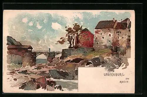 Künstler-AK Fritz Voellmy: Laufenburg am Rhein, Ortspartie mit Brücke