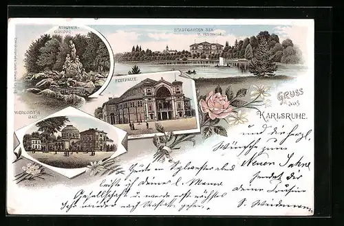 Lithographie Karlsruhe, Festhalle, Nymphen-Gruppe, Vierordt`s Bad