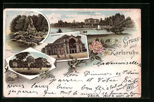 Lithographie Karlsruhe, Festhalle, Nymphen-Gruppe, Vierordt`s Bad