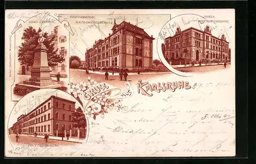 Lithographie Karlsruhe, Polytechnikkum, Drais-Denkmal, Grossherzogliche Kunstgewerbeschule