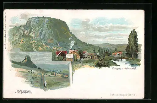 Künstler-AK Singen, Teilansicht mit Hohentwiel, Hohenhöwen