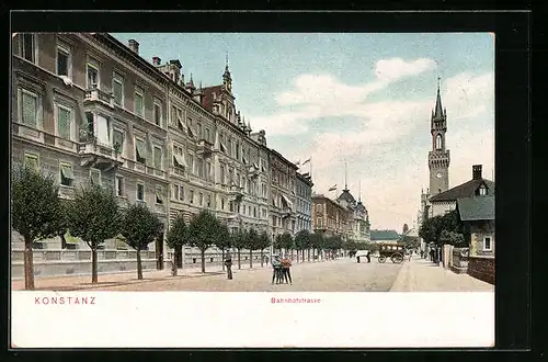 AK Konstanz, Bahnhofstrasse mit Kirche