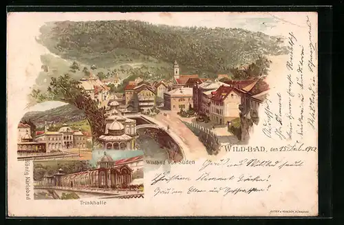 Lithographie Wildbad, Trinkhalle, Teilansicht von Süden