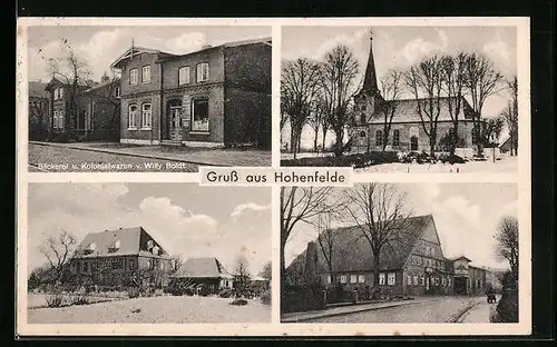 AK Hohenfelde, Bäckerei und Kolonialwaren von Willy Boldt, Kirche