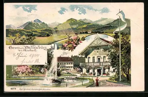 Lithographie Miesbach, Wallenburg mit Fontäne, Bergpanorama