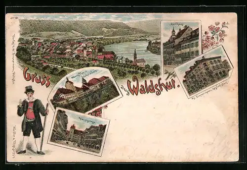 Lithographie Waldshut, Geschäftshaus von H. Zimmermann, Rathaus, Oberes Tor und Katholische Kirche