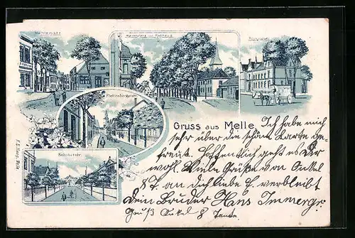 Lithographie Melle, Mühlenstrasse mit Geschäft, Marktplatz mit Rathaus, Postgebäude