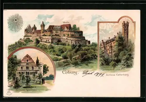 Sonnenschein-AK Coburg, Veste, Schloss Callenberg, Schloss Rosenau