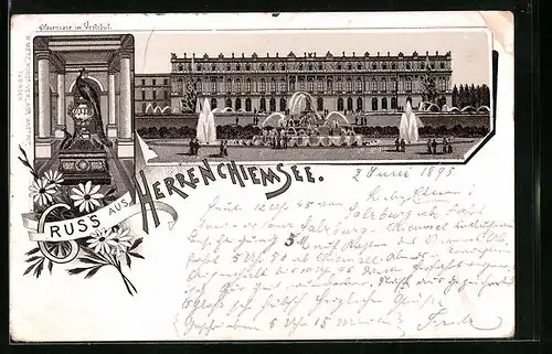 Vorläufer-Lithographie Herrenchiemsee, 1895, Schloss mit Brunnen, Pfauenvase im Vestibül