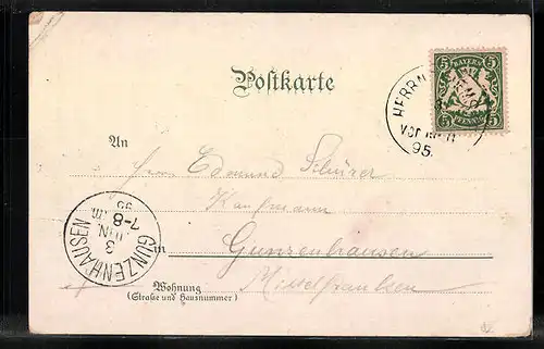 Vorläufer-Lithographie Herrenchiemsee, 1895, Schloss mit Brunnen, Pfauenvase im Vestibül