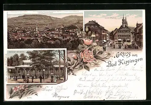 Lithographie Bad Kissingen, Totalansicht, Rakoczy-Brunnen, Marktplatz