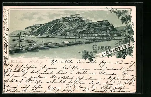 Lithographie Ehrenbreitstein, Uferpartie mit Brücke und Dampfer