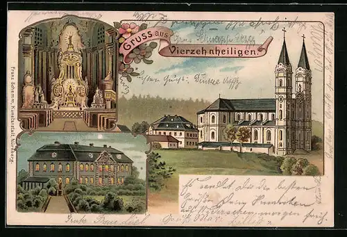 Lithographie Bad Staffelstein, Gebäudeansicht bei Mondschein, Basilika Vierzehnheiligen, Innenansicht