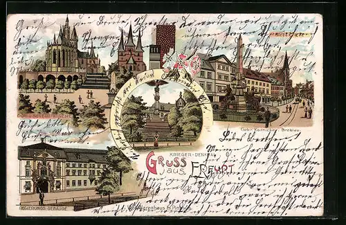 Lithographie Erfurt, Dom u. Severi-Kirche, Regierungs-Gebäude, Krieger-Denkmal