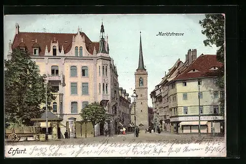 AK Erfurt, Marktstrasse mit Geschäft, Kirche und Litfasssäule