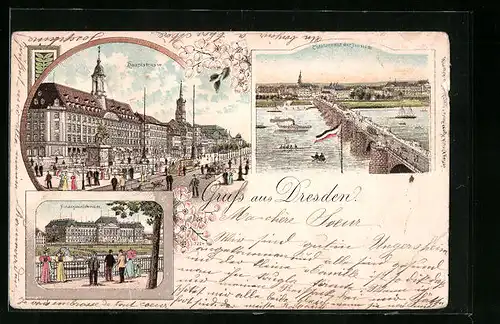 Lithographie Dresden, Totalansicht der Neustadt, Finanzministerium, Hauptstrasse mit Denkmal