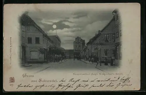 Mondschein-AK Salzwedel, Neupervertor und Loge Westendorf`s Hotel