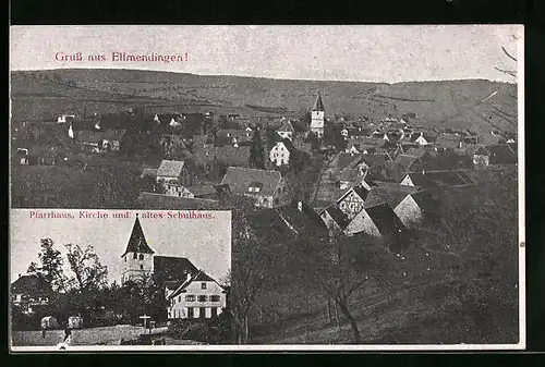 AK Ellmendingen, Pfarrhaus, Kirche und altes Schulhaus, Teilansicht