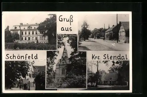 AK Schönfeld /Krs. Stendal, Kirche, Gebäudeansicht, Ortspartie