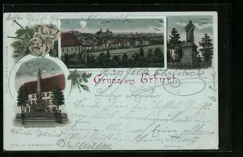 Mondschein-Lithographie Erfurt, Teilansicht, Monumentalbrunnen, Luther-Denkmal