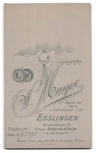 Fotografie Wilh. Mayer, Esslingen, Kronenstrasse 14, Junge Dame mit Hochsteckfrisur im unbezahlbaren, seidenen Kleid