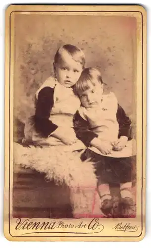 Fotografie Vienna Photo Art Co., Belfast, 45. Donegall Place, Zwei Kleinkinder in Kleidern auf Pelzdecken sitzend