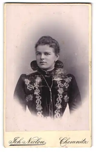 Fotografie Joh. Niclou, Chemnitz, König-Strasse 5, Frau im verzierten Kleid mit Stehkragen