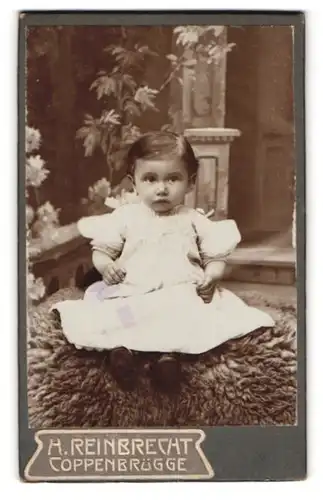 Fotografie H. Reinbrecht, Coppenbrügge, Süsses Kleinkind im Kleid sitzt auf Fell