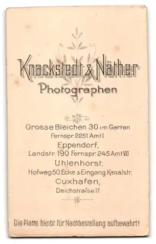 Fotografie Knackstedt & Näther, Hamburg, Grosse Bleichen 30, Junge Dame mit zurückgebundenem Haar