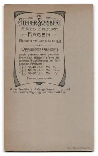 Fotografie R. Westendorp, Hagen, Elberfelderstr. 49, Halbwüchsiger Knabe im Anzug mit Fliege