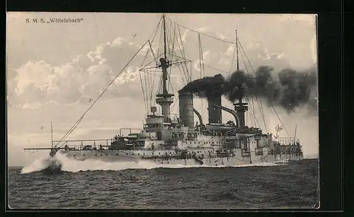 AK Kriegsschiff SMS Wittelsbach gibt Volldampf