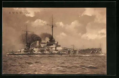 AK Kriegsschiff SMS Westfalen auf hoher See