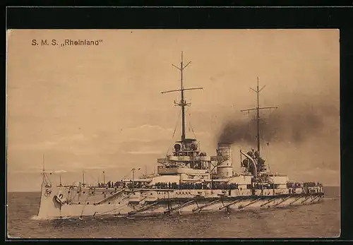 AK Kriegsschiff SMS Rheinland mit der Besatzung an Deck