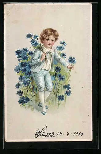 Präge-AK Knabe in Seidenstrümpfen pflückt Kornblumen, Jugendstil