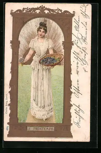 Künstler-AK Le Printemps, Allegorie für den Frühling, Mädchen mit Veilchen, Jugendstil