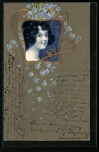 Präge-AK Vergissmeinnicht, Hübsche junge Frau, Jugendstil
