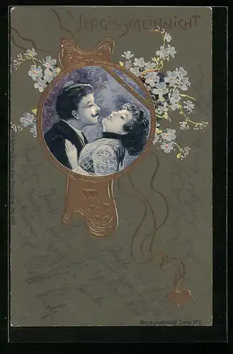 Präge-AK Vergissmeinnicht, Paar kurz vorm Kuss, Jugendstil