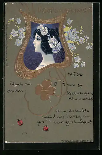 Präge-AK Vergissmeinnicht, Schönheit mit Blumen im Haar