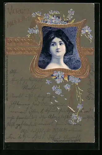 Präge-AK Vergissmeinnicht, Schönheit mit ernstem Ausdruck, Jugendstil
