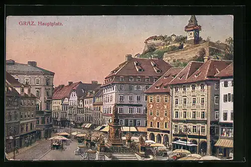 AK Graz, Hauptplatz mit Ständen in Abendstimmung